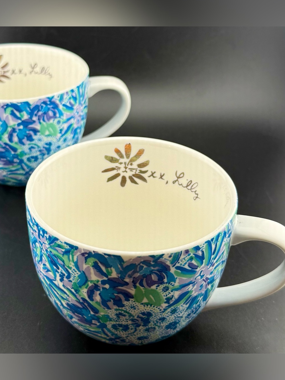2 Lilly Pulitzer ceramic coffee mugs. Blue floral "High Maintenance" pattern - Picture 2 of 15